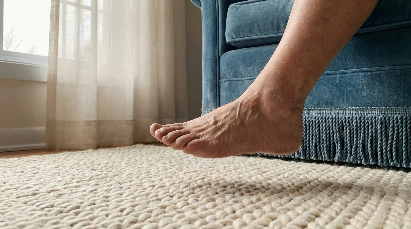 A close-up of a foot performing ankle circles while sitting in a comfortable chair at home.