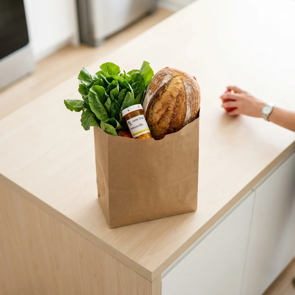 A close-up of a grocery delivery bag on a kitchen counter, containing fresh produce and a prescription bottle.