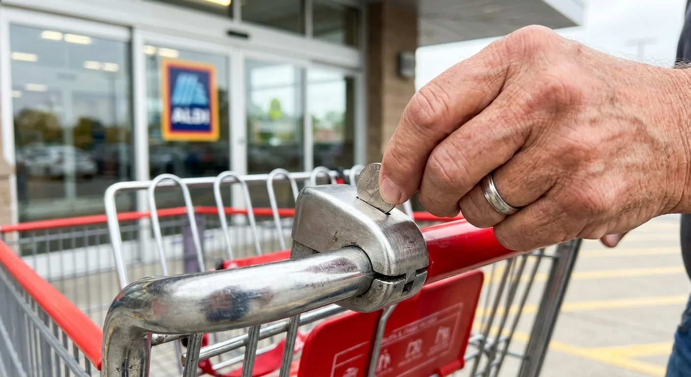 A close-up of a hand inserting a quarter into a grocery cart lock at a store entrance.