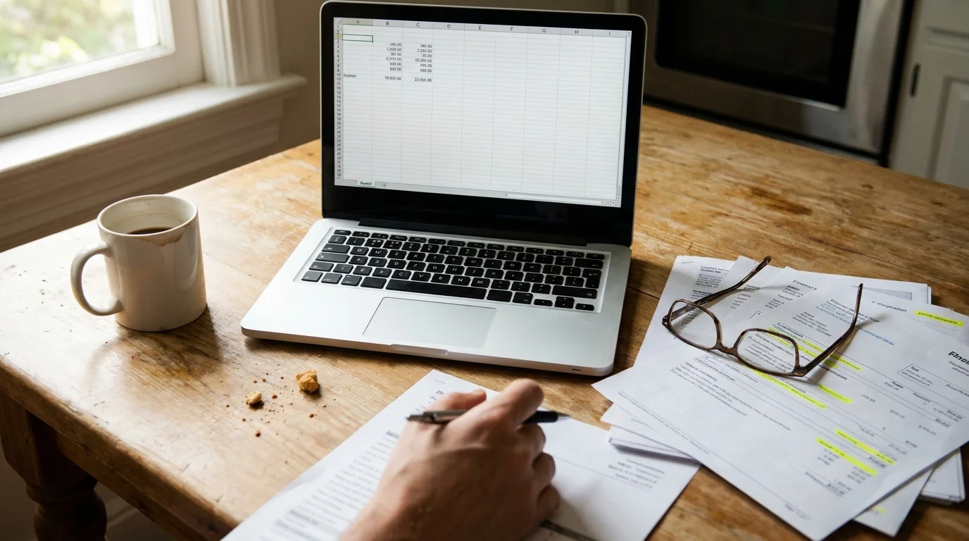 A close-up of a kitchen table with financial papers, a laptop, and a coffee mug, representing the complexity of retirement planning.