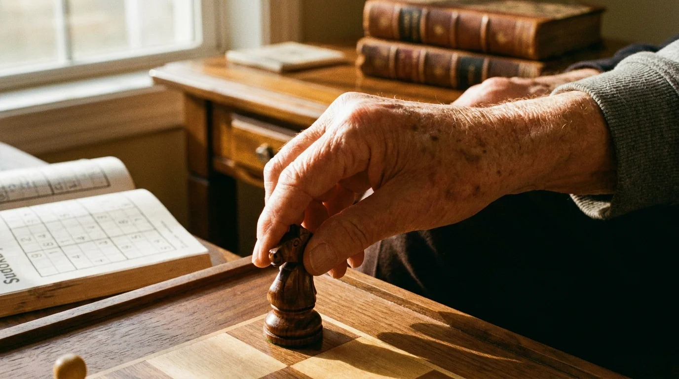 A close-up of a person's hands moving a wooden chess piece, with a Sudoku puzzle in the background.
