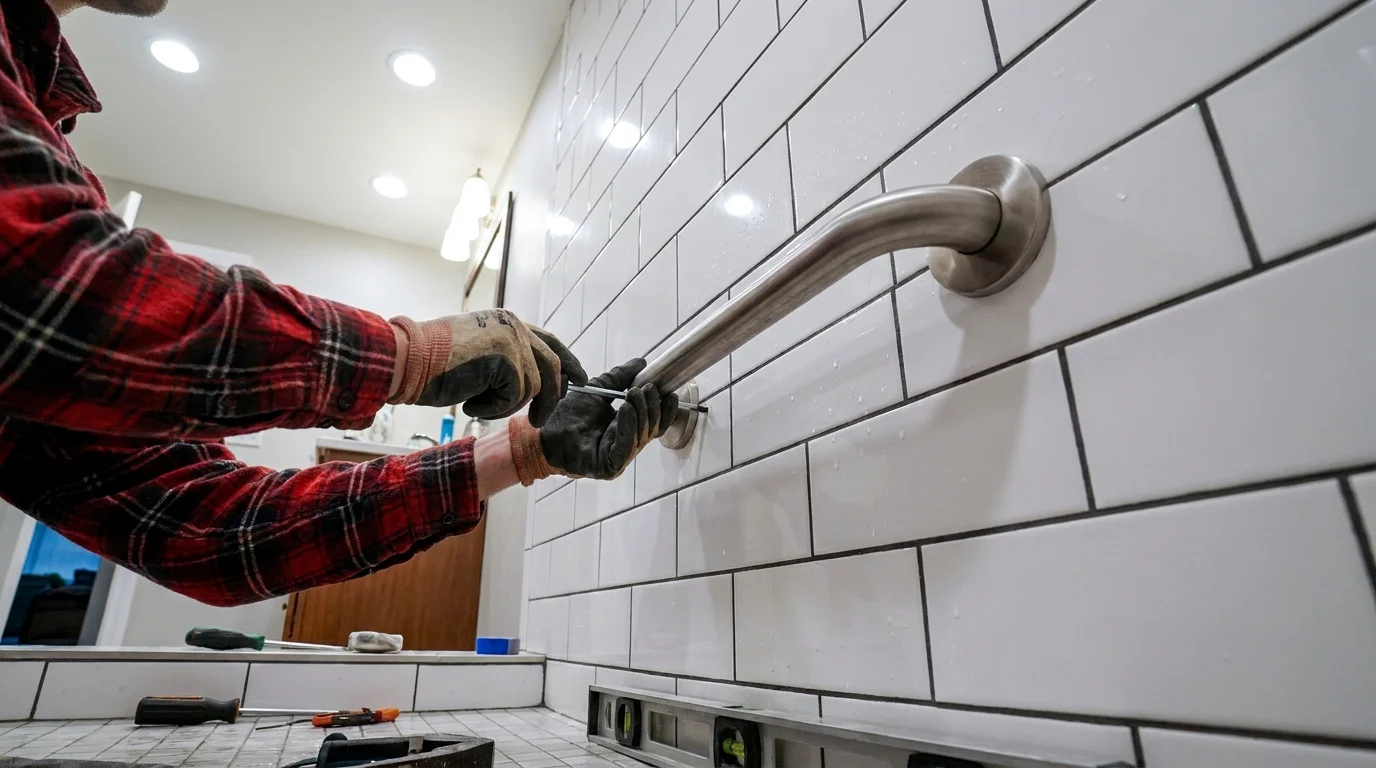 A close-up of a safety grab bar being installed in a tiled bathroom, illustrating home modifications for aging in place.