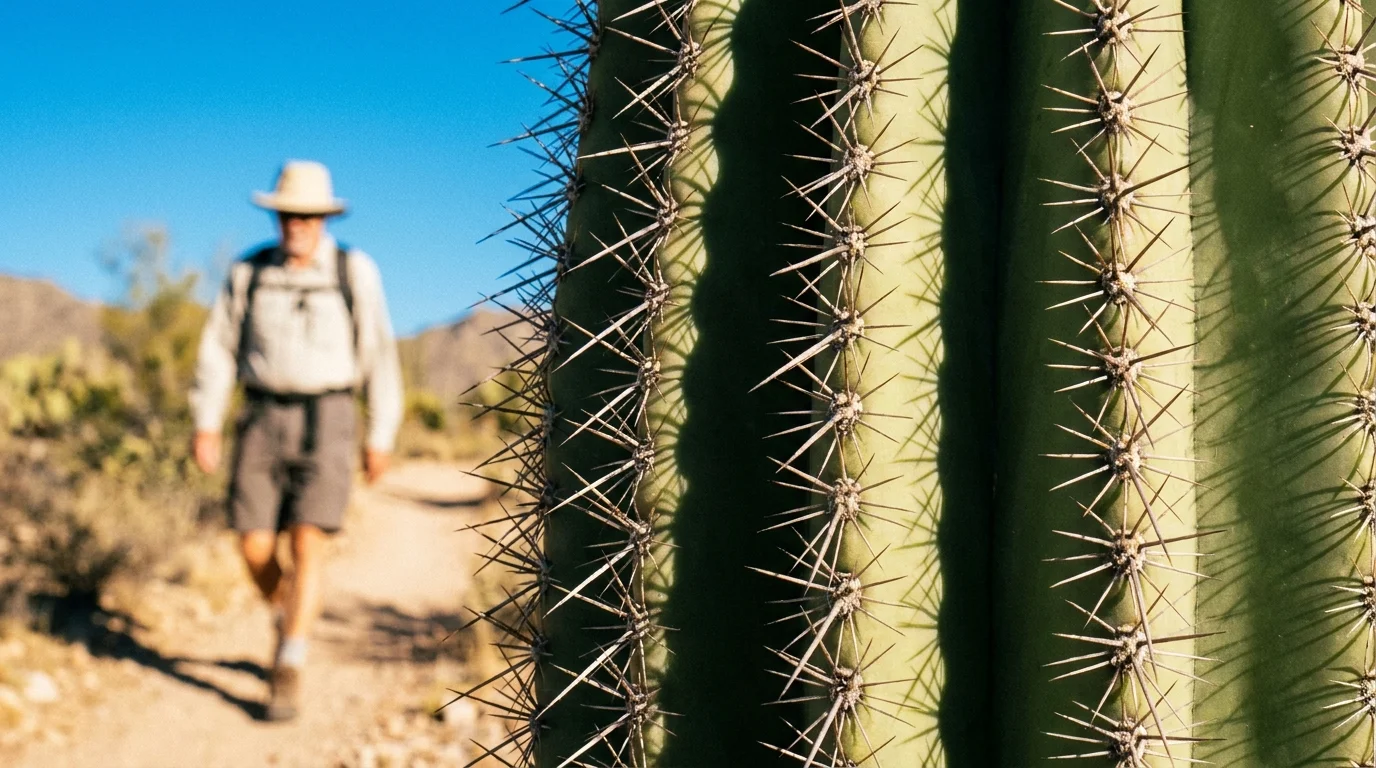 A close-up of a Saguaro cactus with a senior hiker on a desert trail in the sunny Tucson mountains.