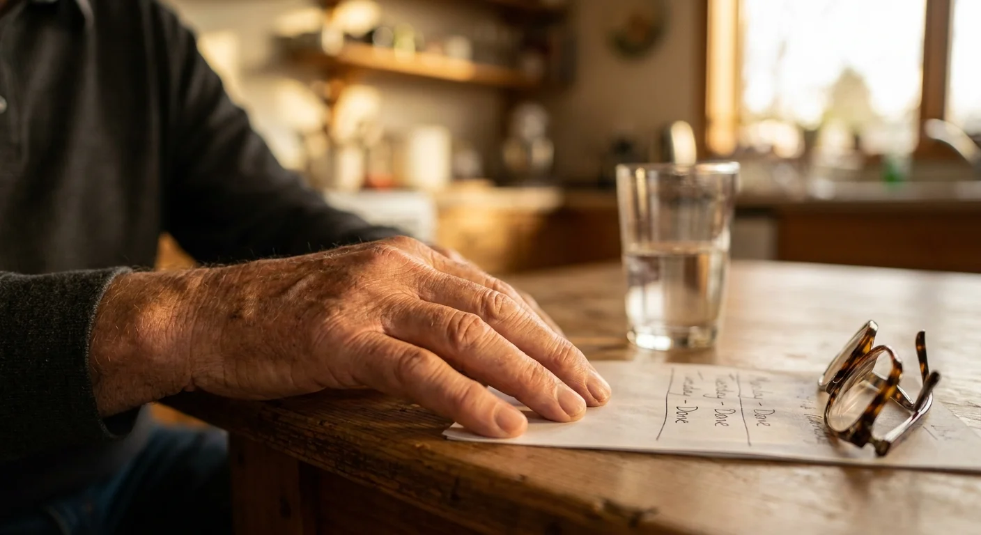 A close-up of a senior person's hand next to a daily exercise log and a glass of water in soft afternoon light.