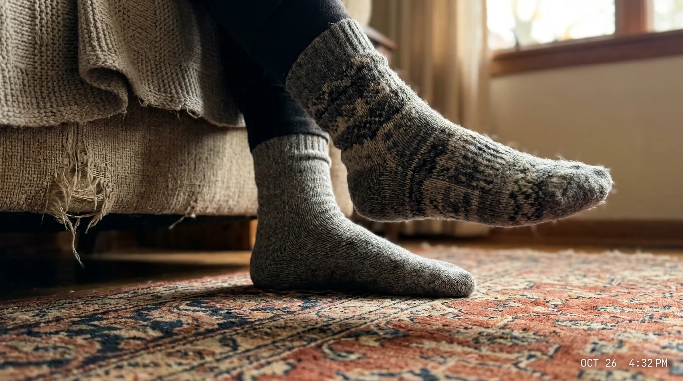 A close-up of a senior's foot in a wool sock, demonstrating an ankle rotation exercise while seated.