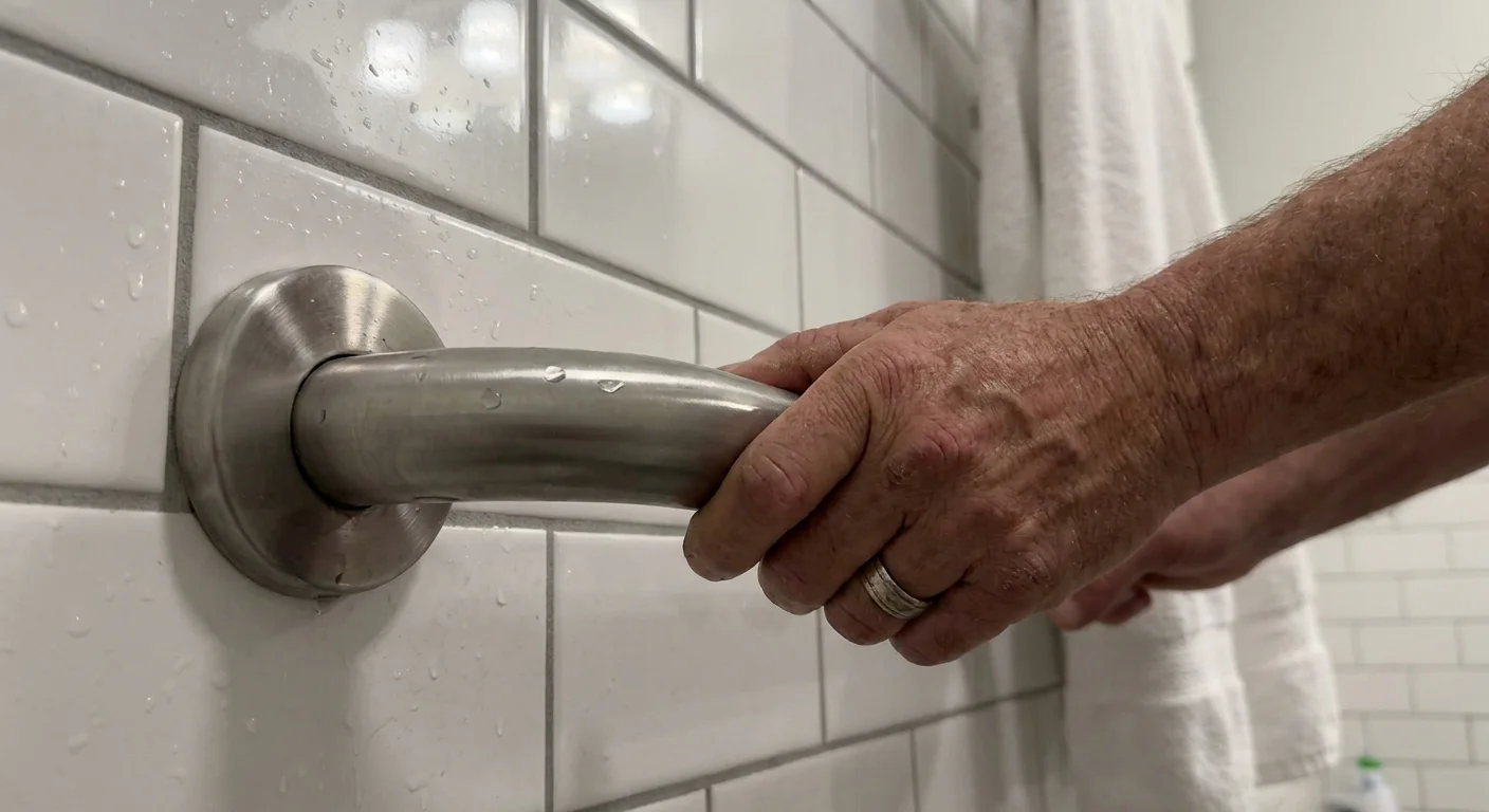 A close-up of a senior's hand firmly gripping a stainless steel grab bar in a tiled bathroom.