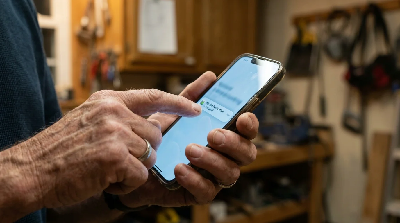 A close-up of a senior's hands using a smartphone to respond to a security verification prompt in a home setting.