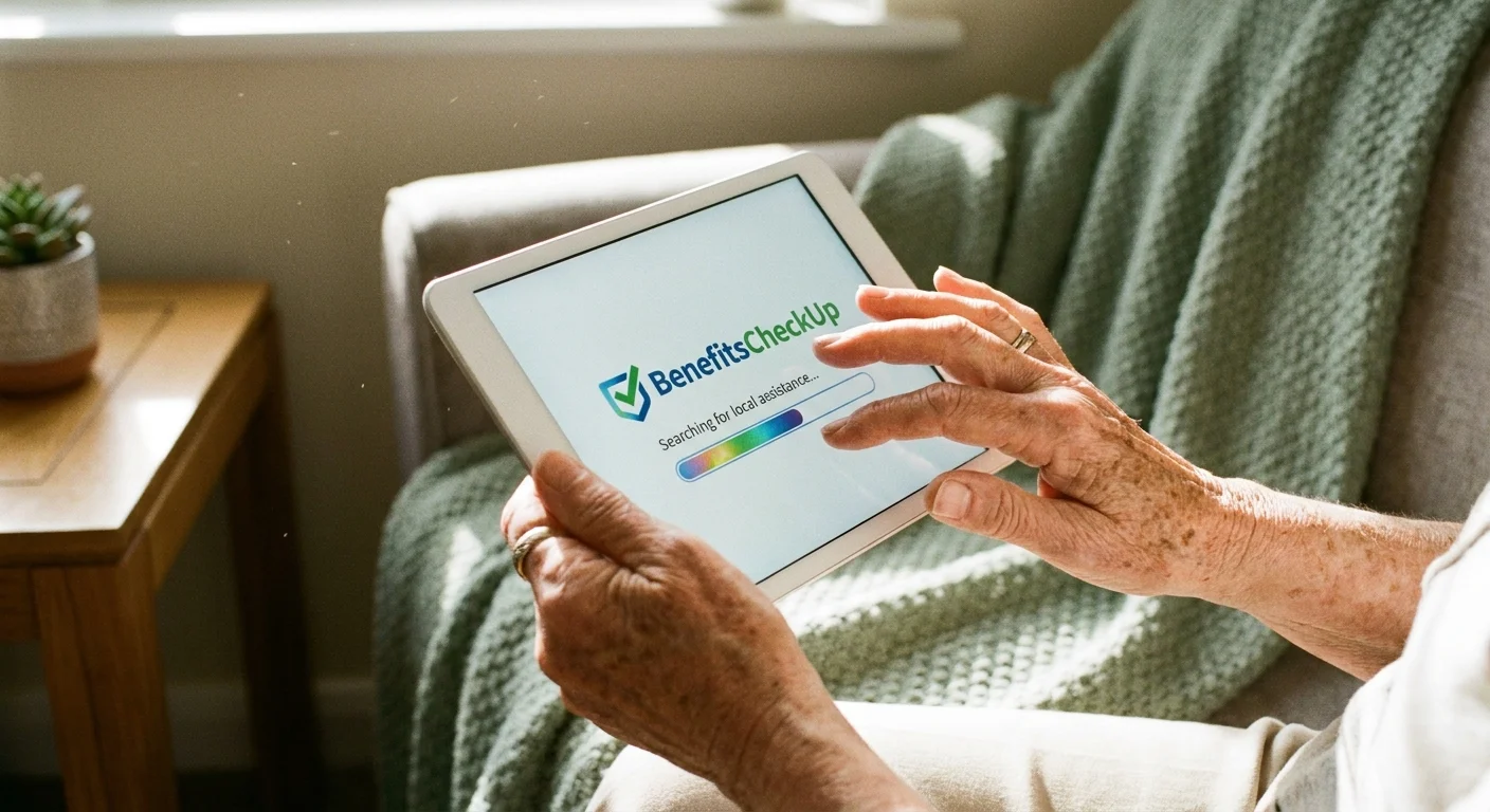 A close-up of a senior's hands using a tablet to navigate the BenefitsCheckUp website for local assistance programs.