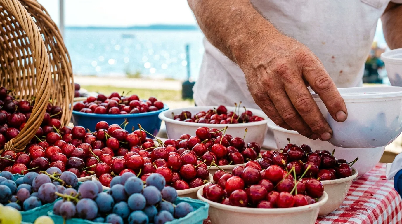 A close-up of fresh cherries at a Traverse City market with the bay visible in the background.