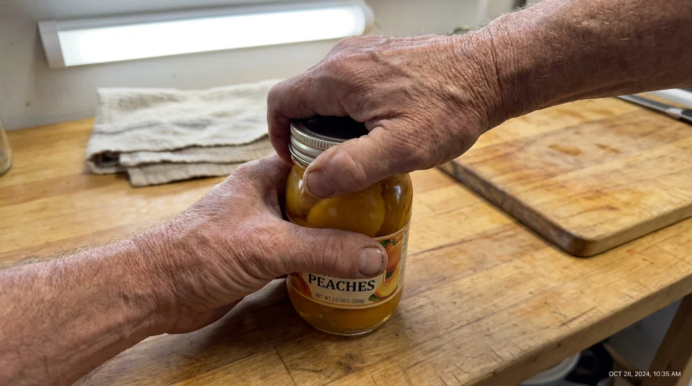 A close-up of senior hands twisting the lid of a glass jar in a bright kitchen.