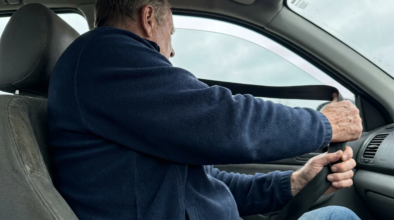 A close-up photo of a senior man twisting his torso to reach for a seatbelt in a car.