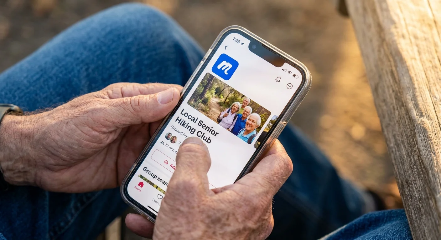 A close-up photo of a senior's hands holding a smartphone displaying a 'Local Senior Hiking Club' on the Meetup app.