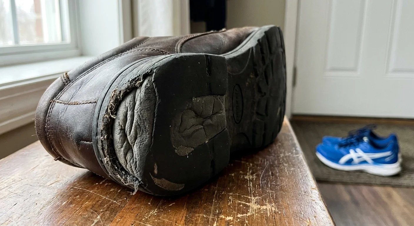 A close-up photo of a worn-out sneaker sole with smooth tread, showing the loss of structural support.
