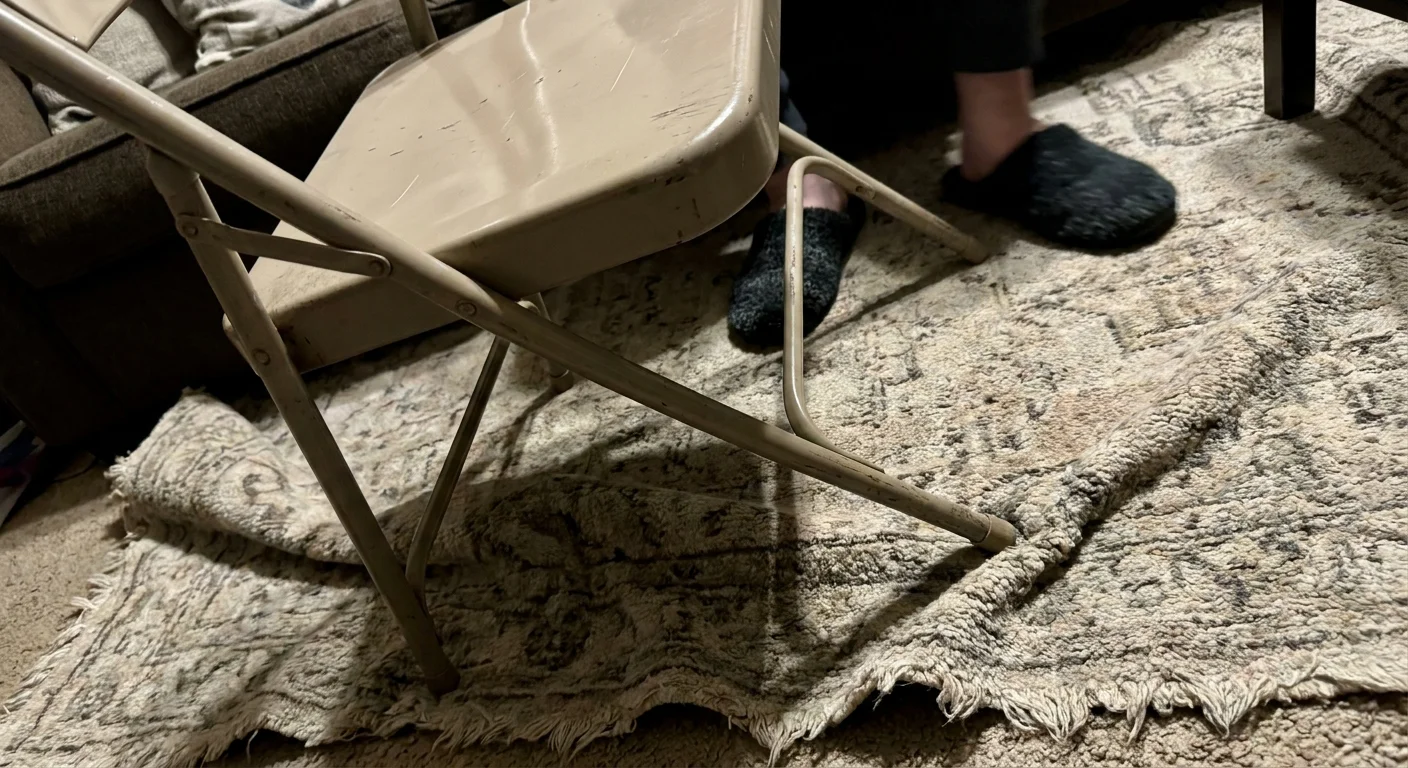 A close-up photo of an unstable folding chair on a wrinkled rug, illustrating common safety mistakes to avoid.
