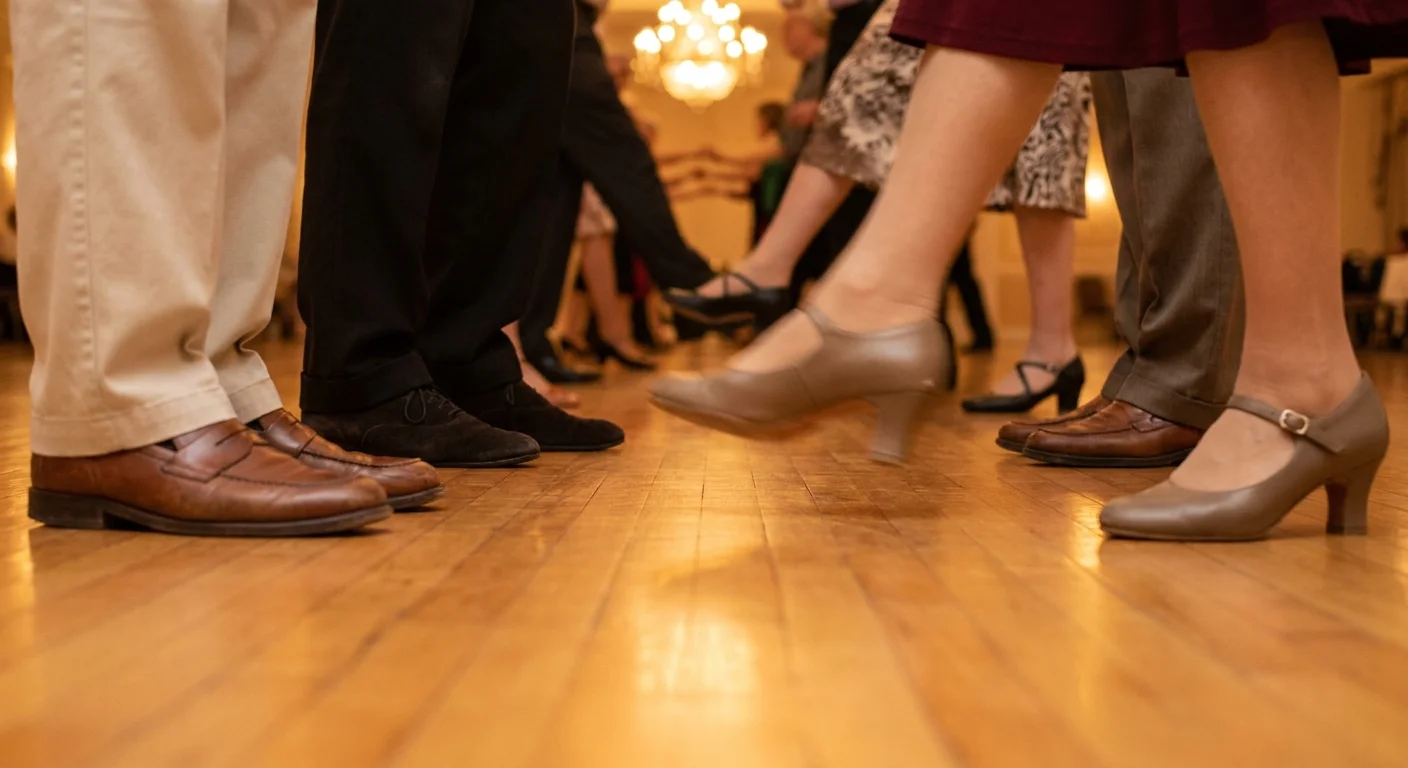 A close-up photo of seniors' feet in motion on a polished wooden dance floor during a class.