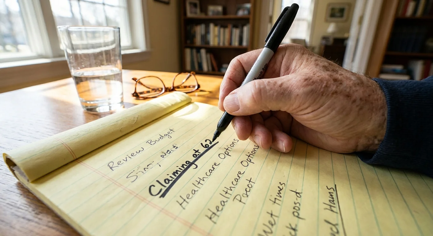 A close-up photograph of a hand crossing out 'Claiming at 62' on a retirement checklist.