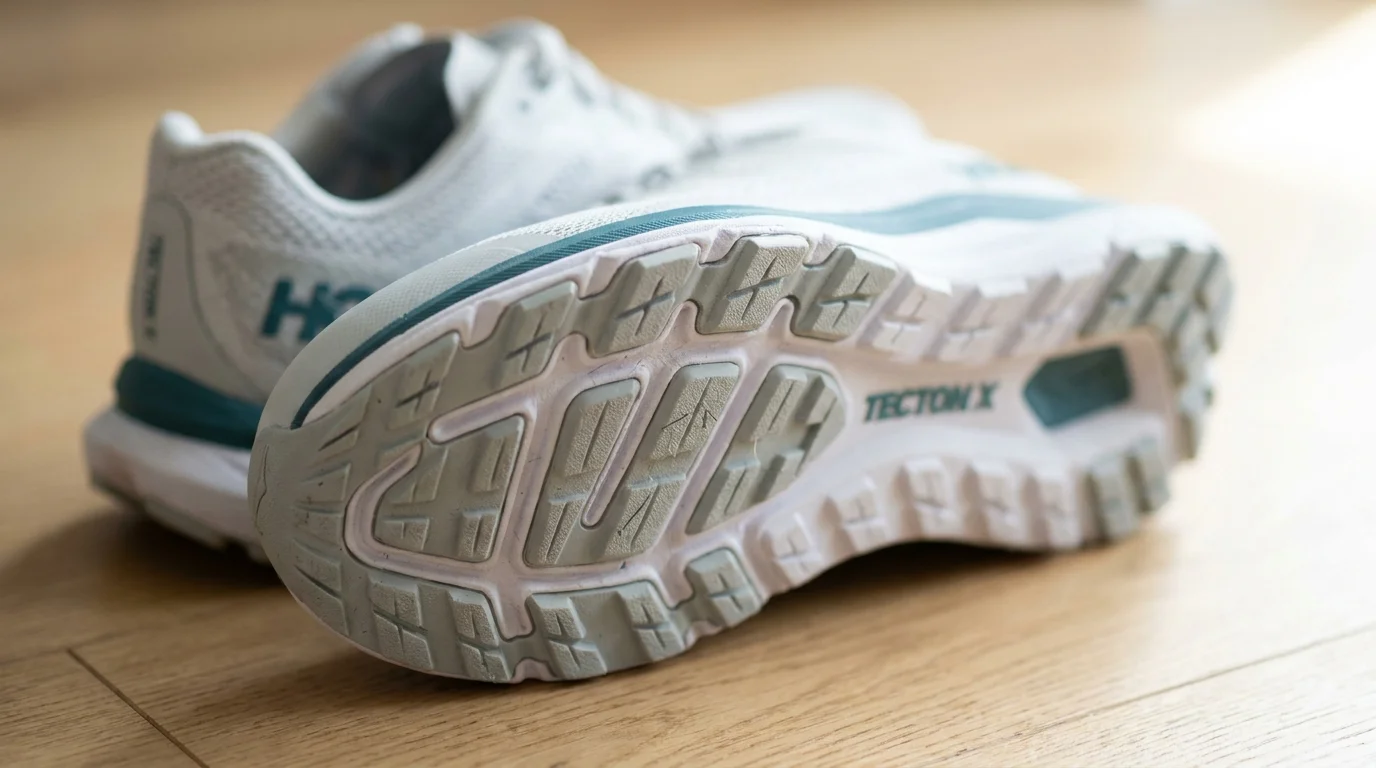 A close-up photograph of a high-quality walking shoe tread, emphasizing the support and grip needed for senior mobility.
