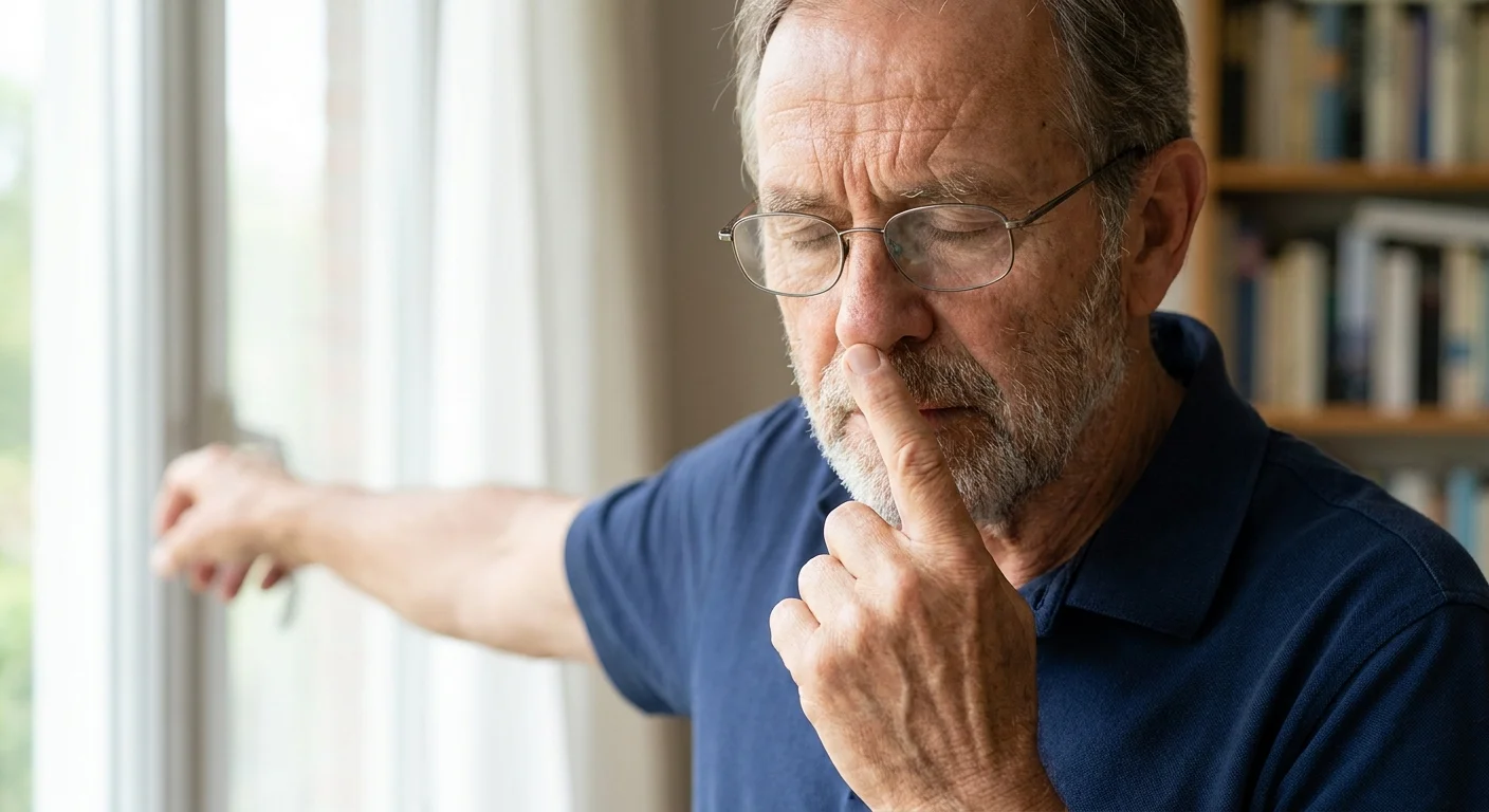 A close-up portrait of an older man with his eyes closed, touching his finger to his nose to test coordination.