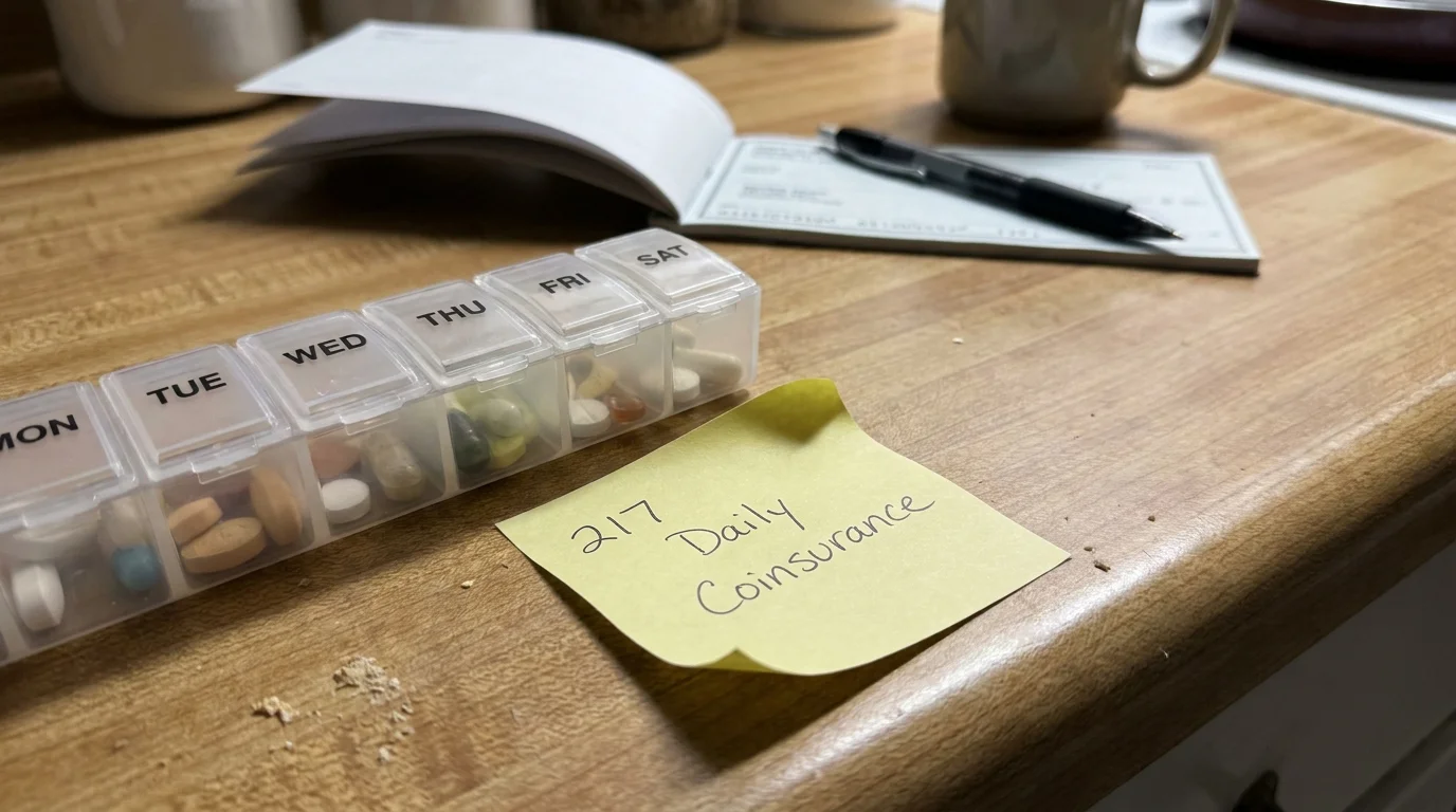 A close-up shot of a pill organizer and a note reminding of the $217 daily Medicare coinsurance for long-term care.