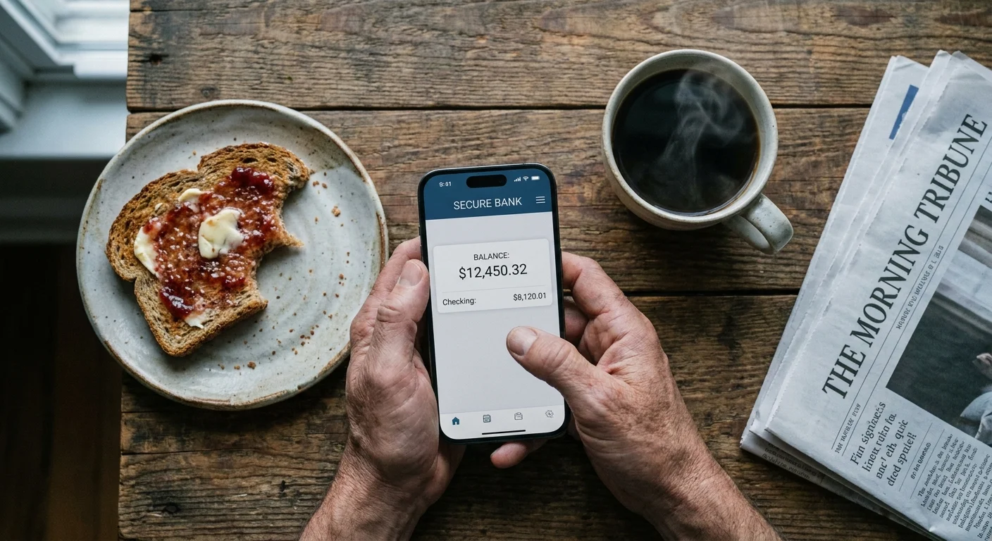 A close-up, top-down photo of a person checking their bank balance on a smartphone next to a cup of coffee and toast.