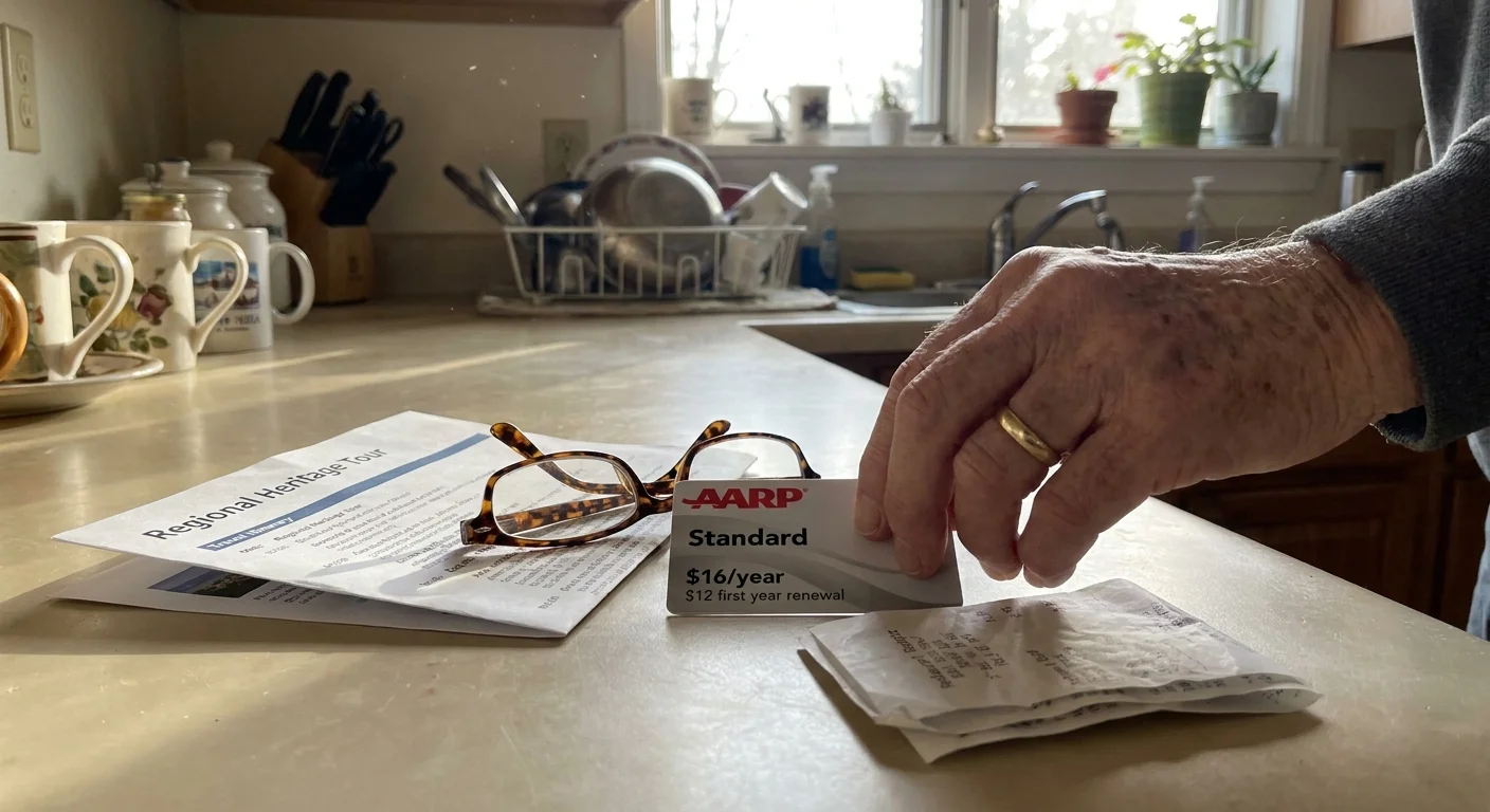 A close-up, top-down photo of an AARP card and travel papers on a kitchen counter, with a hand reaching for the card.