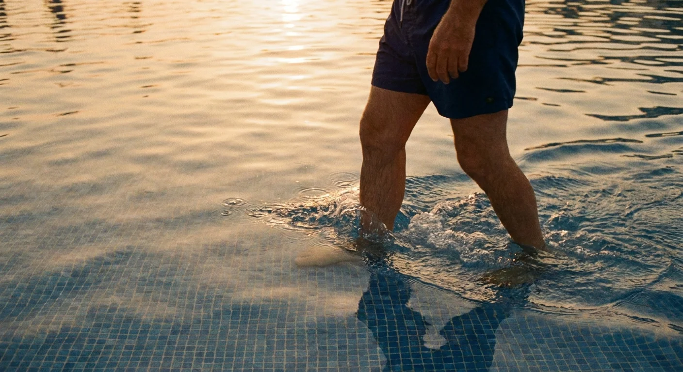 A close-up view of a man's legs walking through clear blue pool water, creating gentle ripples.