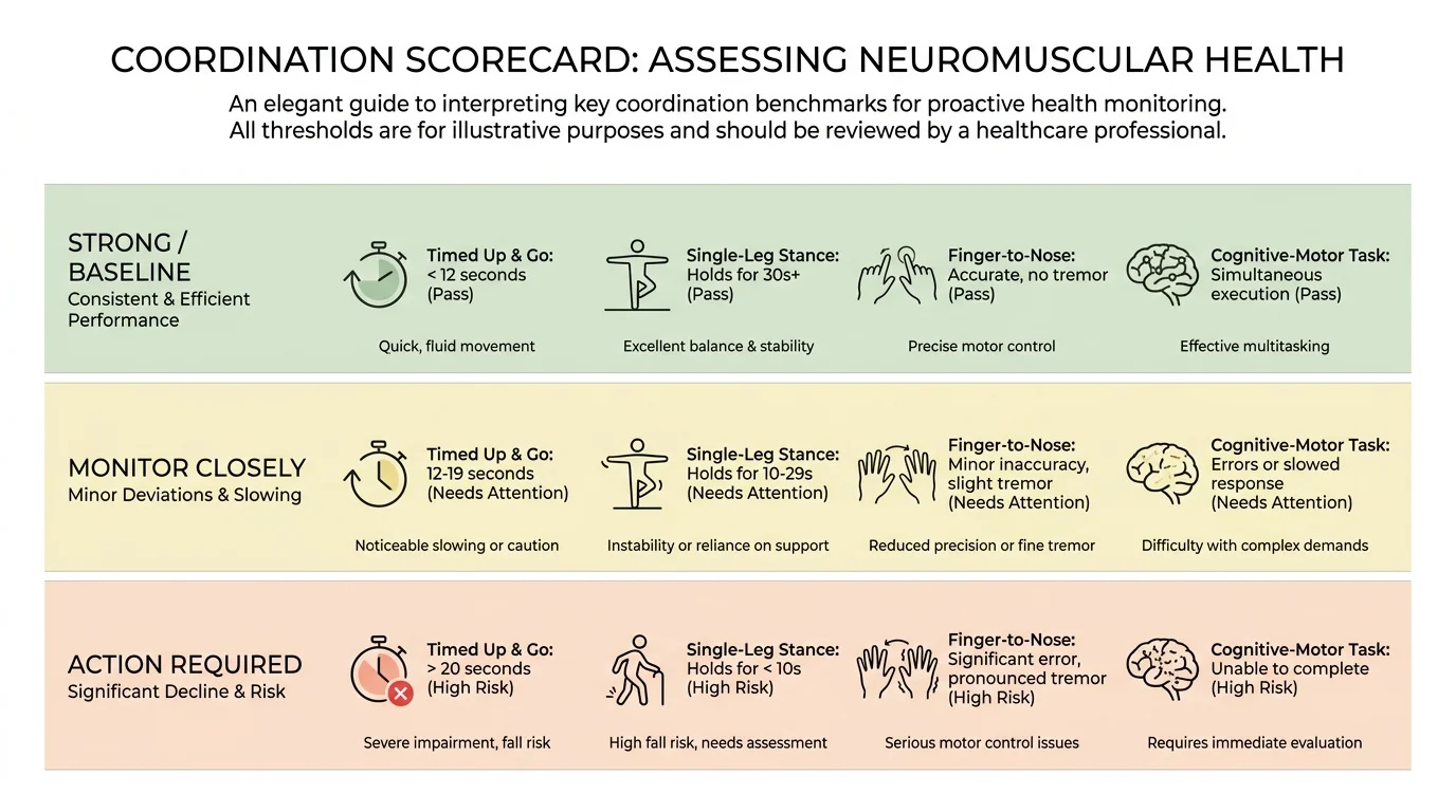 A color-coded scorecard infographic helping readers categorize their coordination test results into three levels of health.