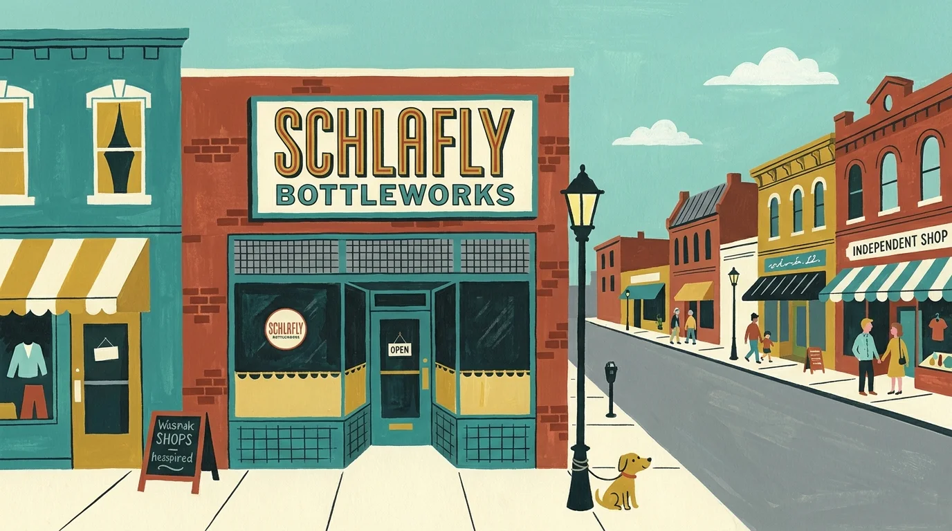 A colorful gouache illustration of a vintage storefront and sidewalk in Maplewood, Missouri.
