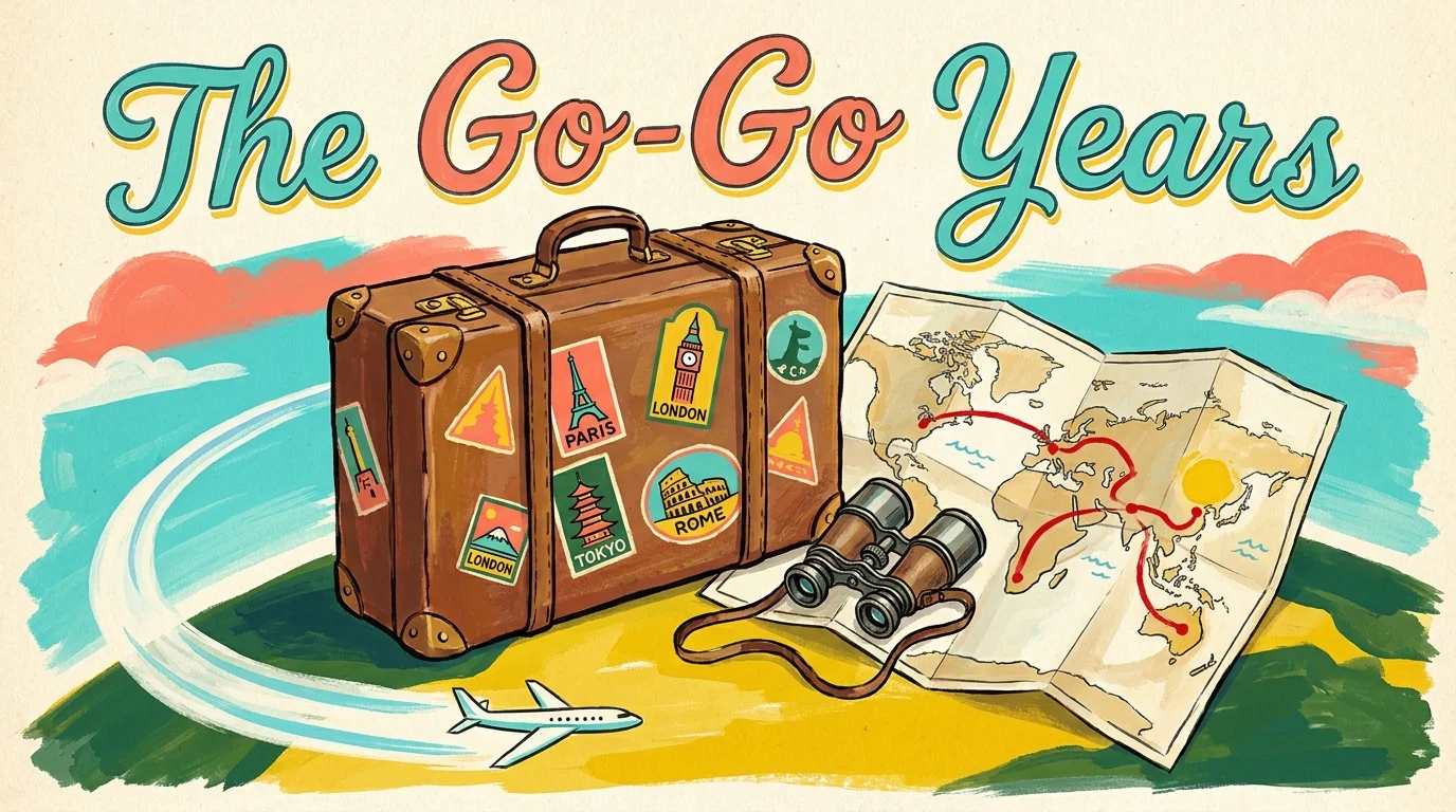 A colorful mid-century style illustration of a suitcase and map, representing the high travel spending in early retirement.