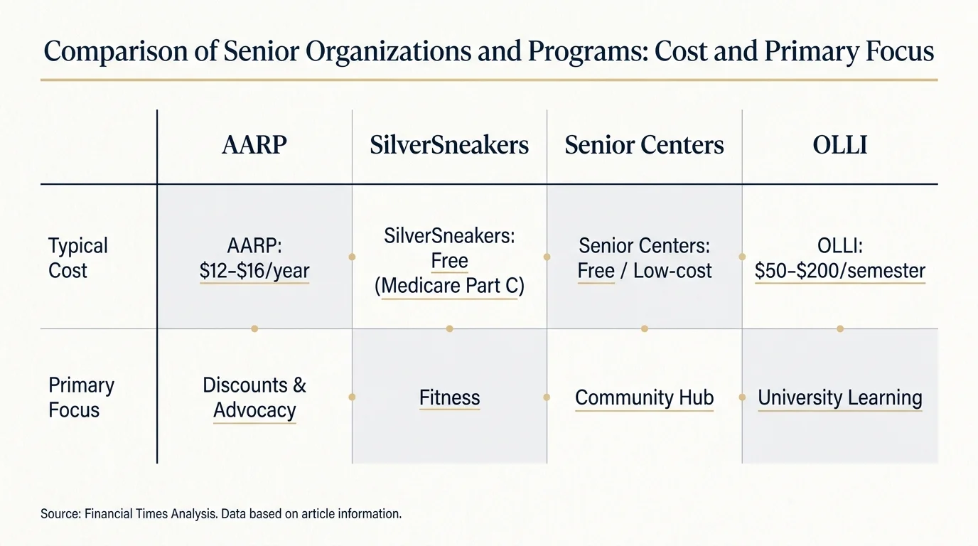 A comparison chart showing costs and focus for AARP, SilverSneakers, Senior Centers, and OLLI based on article data.