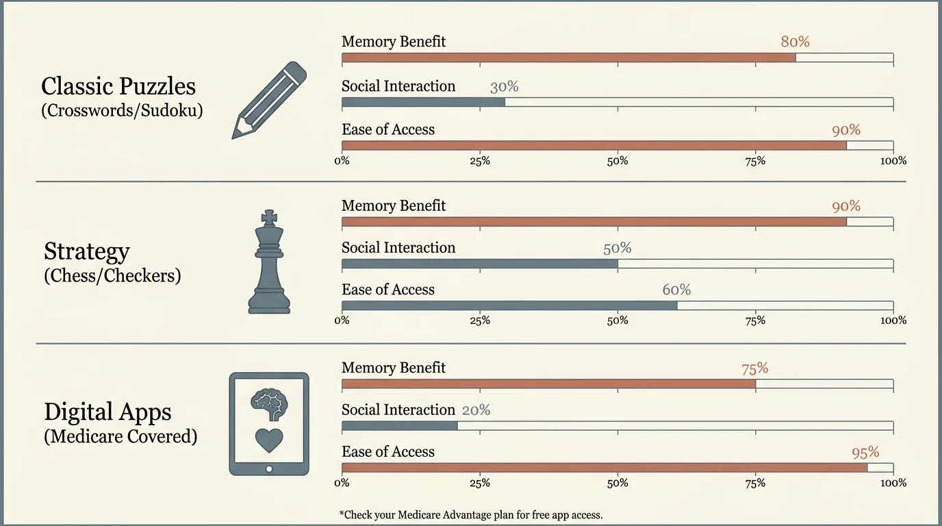 A comparison chart showing different types of brain games and their respective cognitive and social benefits.