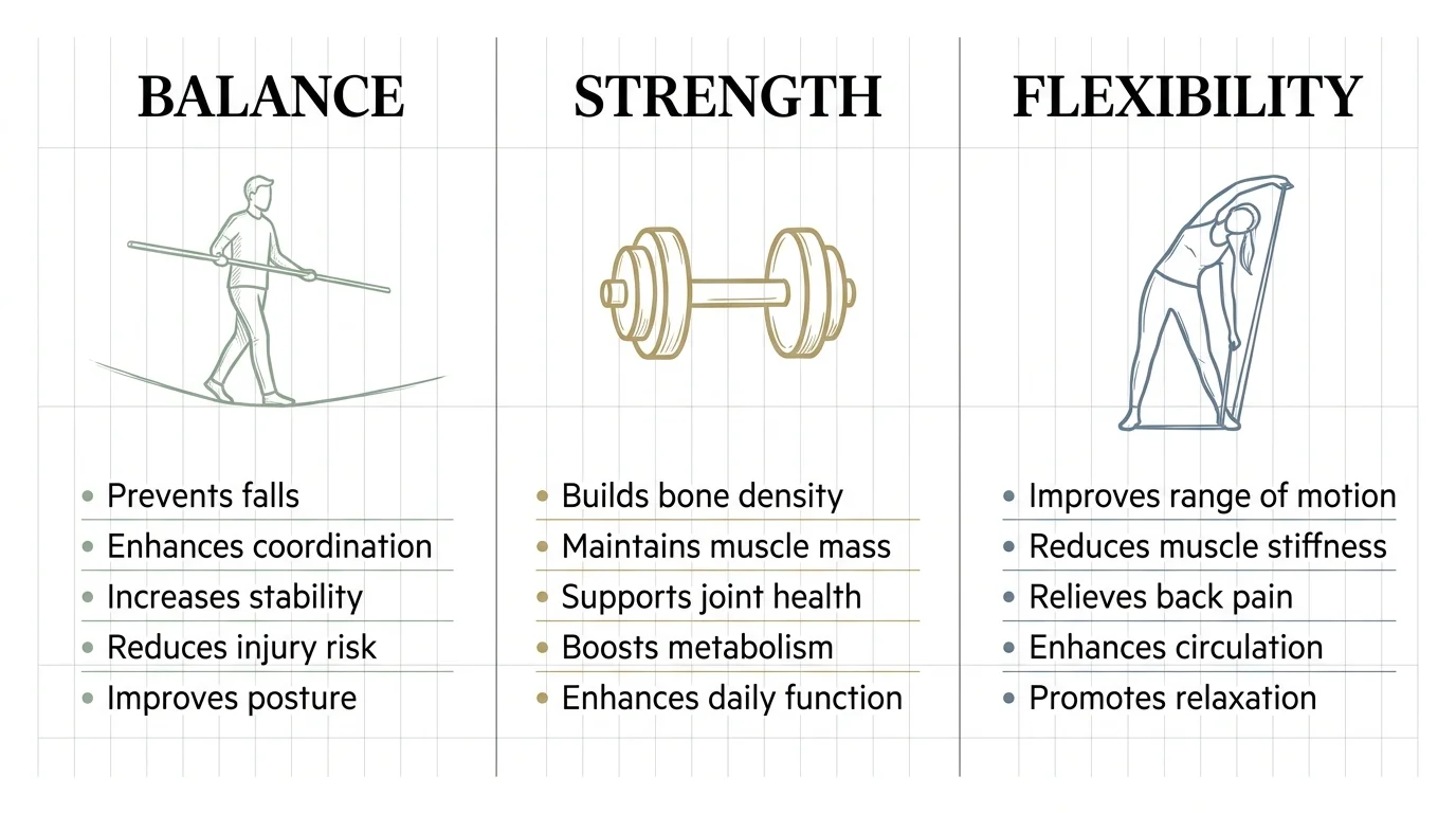 A comparison chart showing the different benefits of balance, strength, and flexibility exercises.