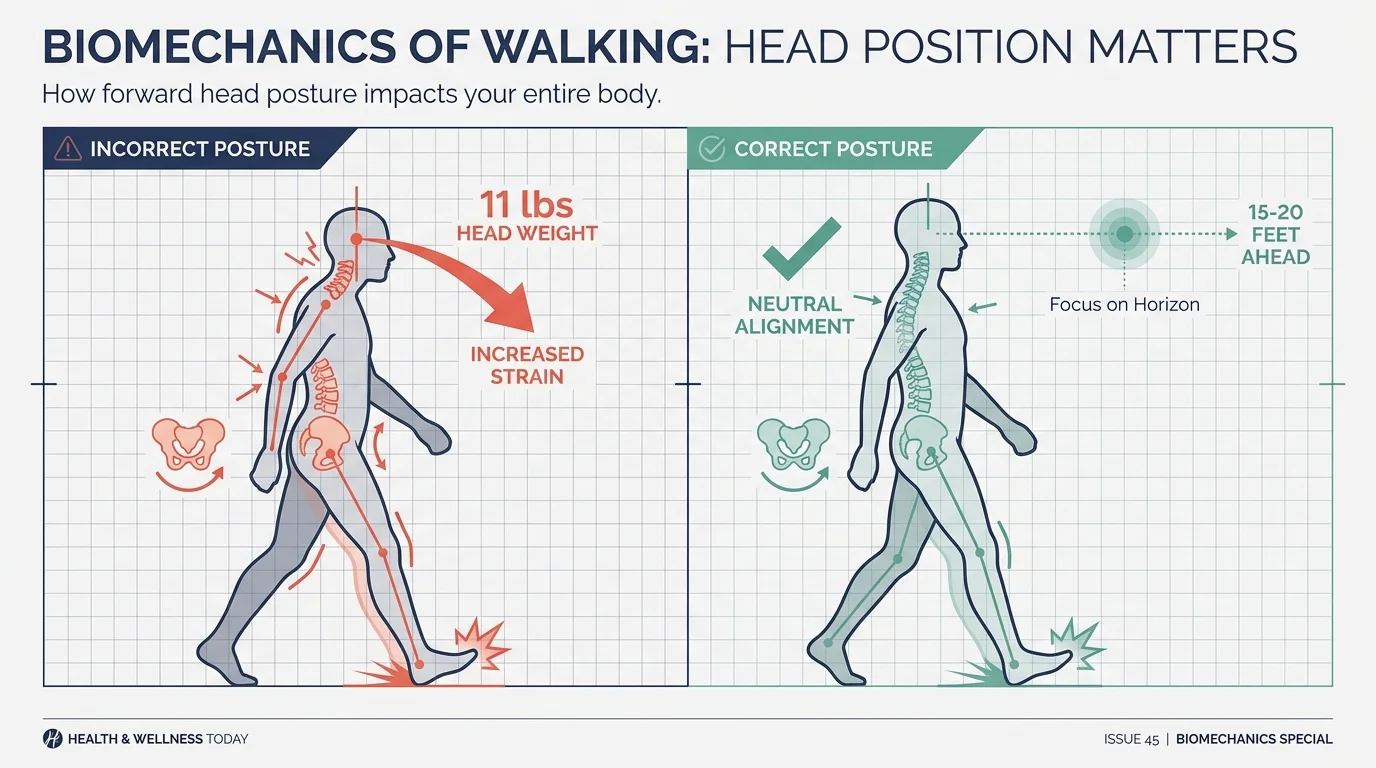 A comparison diagram showing how tilting the head forward increases spinal strain compared to looking 20 feet ahead.