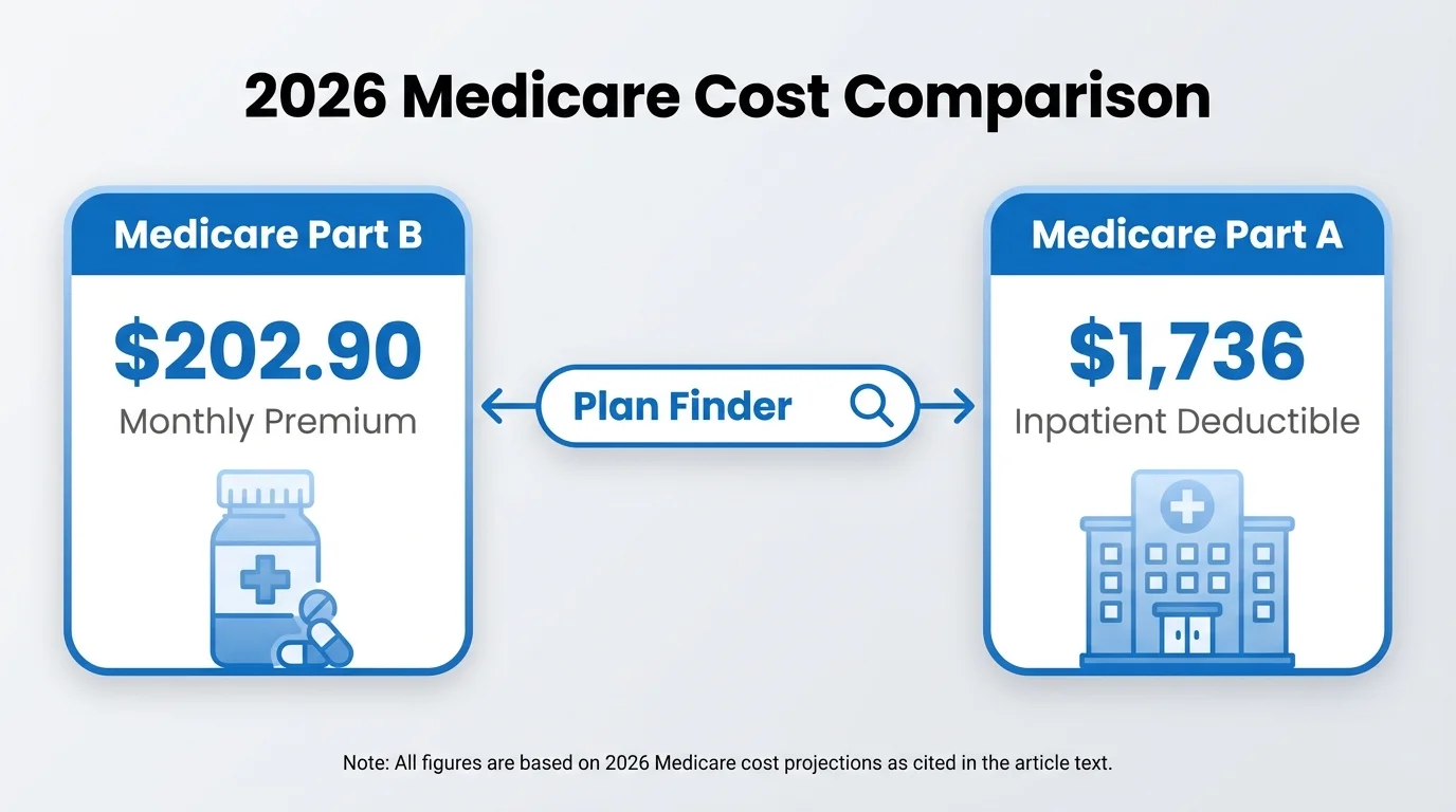 A comparison infographic showing the 2026 Medicare Part B premium of $202.90 and the Part A deductible of $1,736.