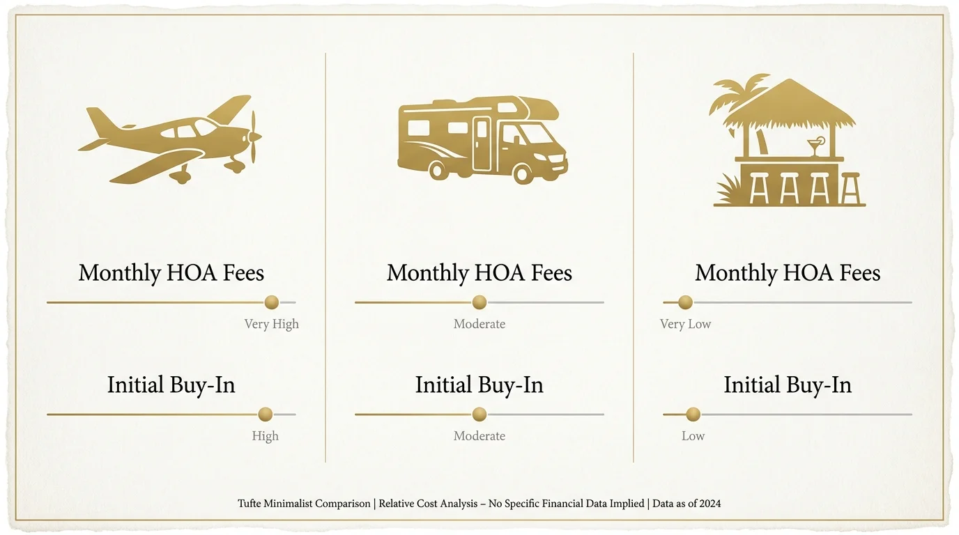 A comparison infographic showing the relative costs of airplane hangars, RV care, and resort-style living.