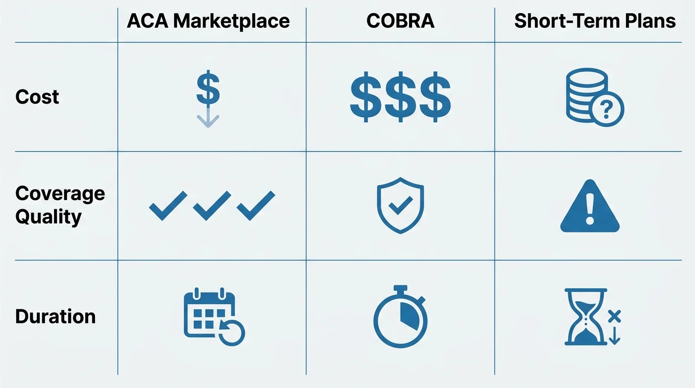 A comparison table showing the pros and cons of ACA, COBRA, and Short-Term insurance plans.