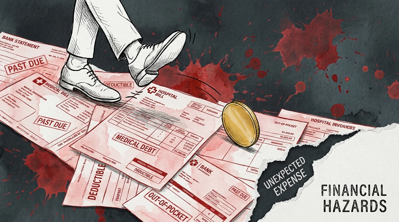 A conceptual collage of red-inked invoices and a rolling gold coin, symbolizing the financial risks of health accidents.