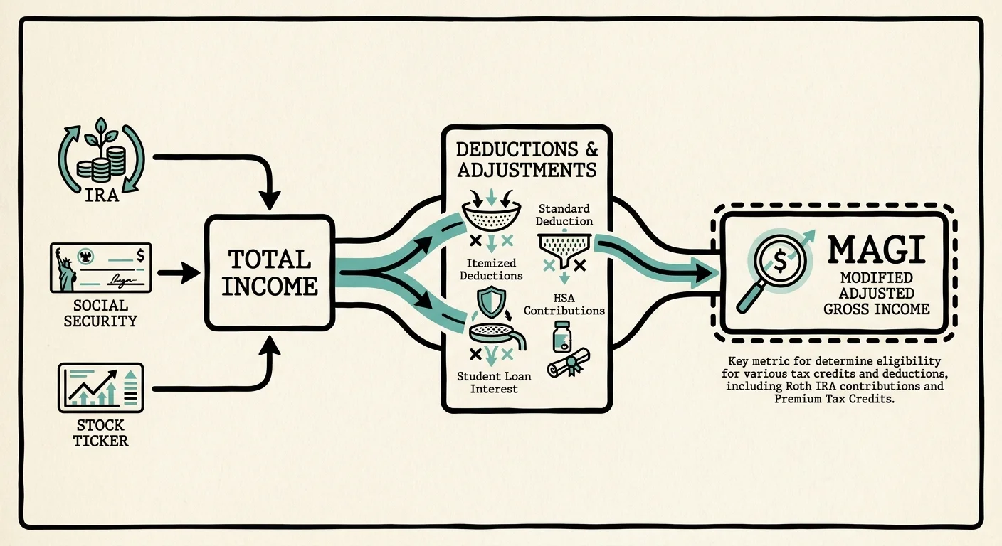 A conceptual diagram showing how various income sources are adjusted to calculate the Modified Adjusted Gross Income (MAGI).