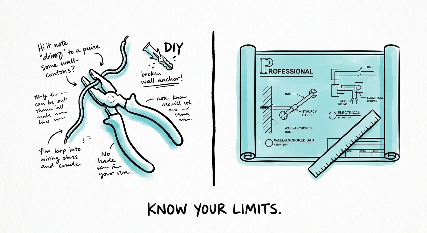 A conceptual drawing comparing DIY tools with professional blueprints, suggesting when to call an expert.