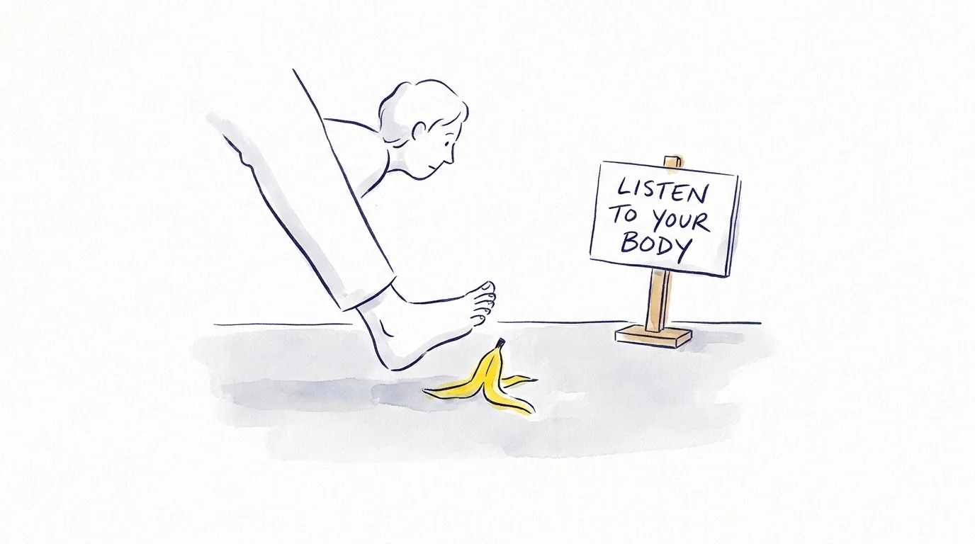 A conceptual illustration of a foot stepping carefully, with a sign saying 'Listen to Your Body'.