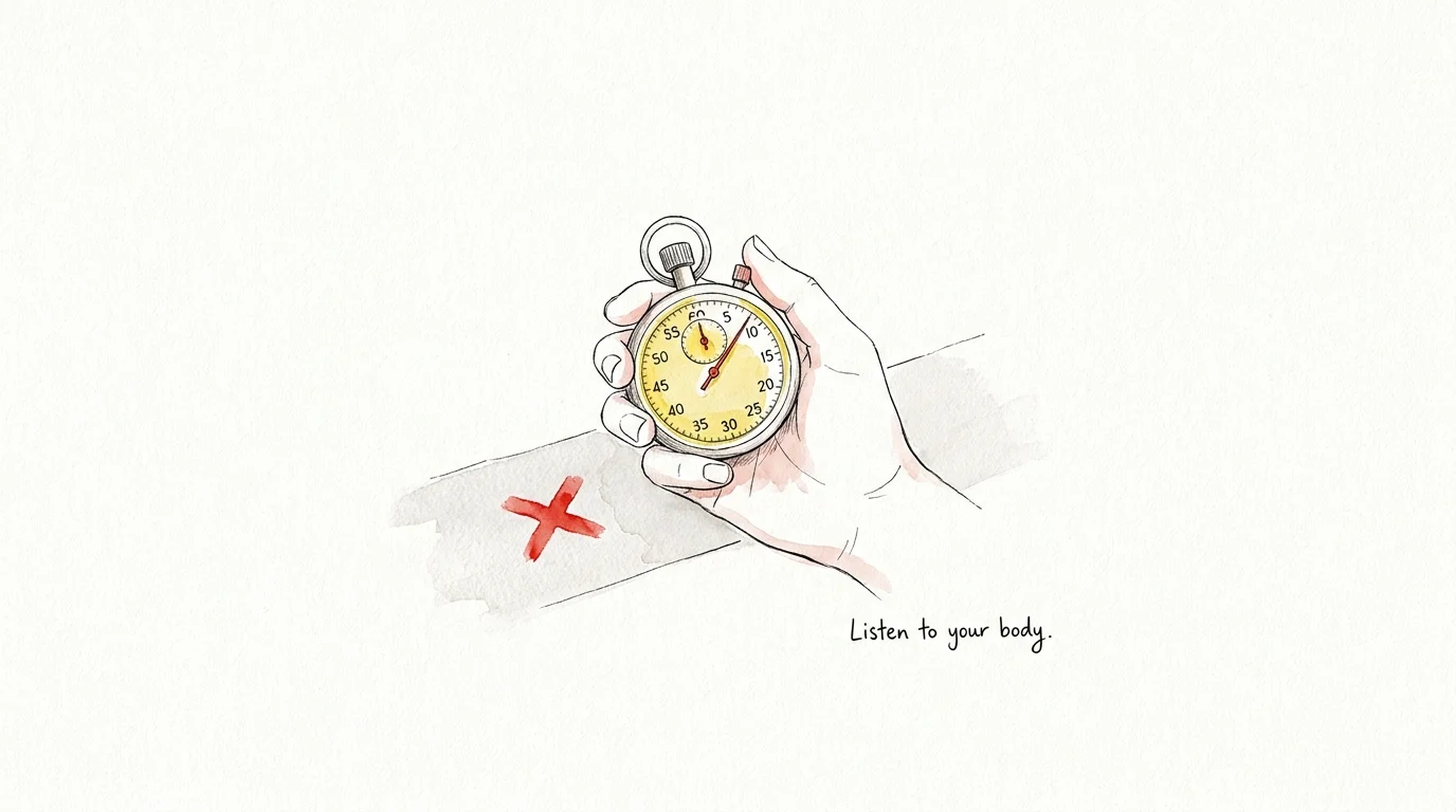 A conceptual illustration of a stopwatch and a caution symbol, reminding readers to avoid overexertion.