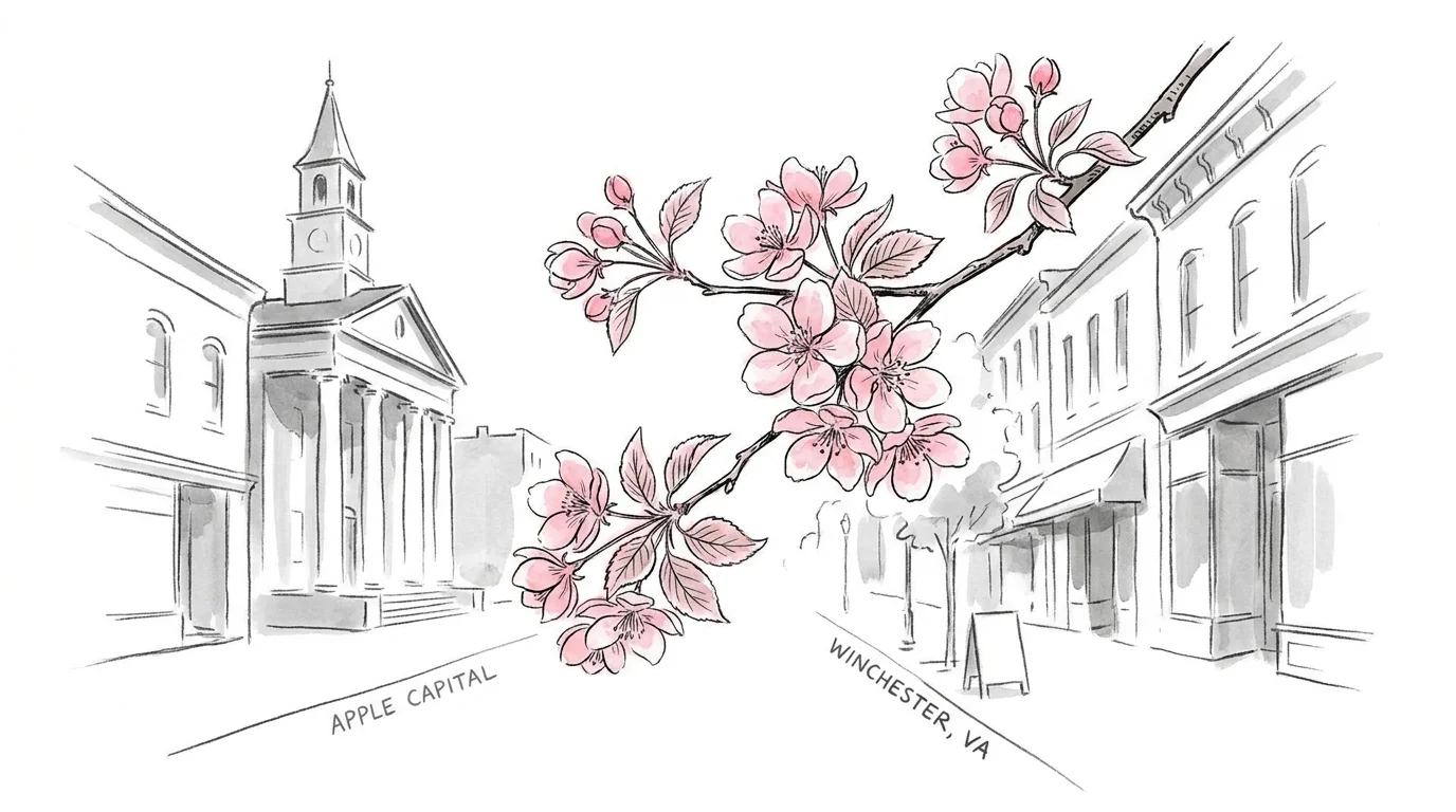 A conceptual illustration of apple blossoms with the silhouette of Winchester's historic mall in the background.