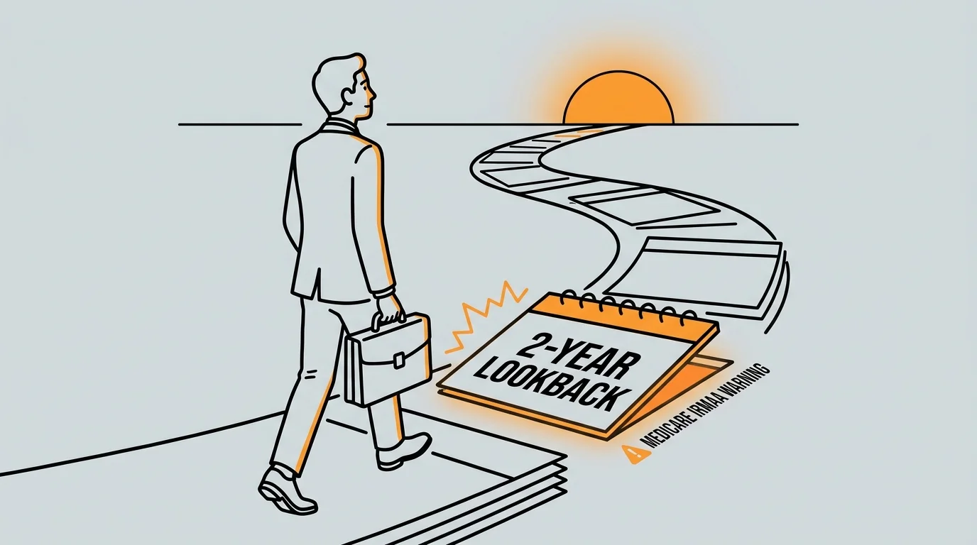 A conceptual line-art illustration of a person walking over a calendar trapdoor labeled '2-Year Lookback'.