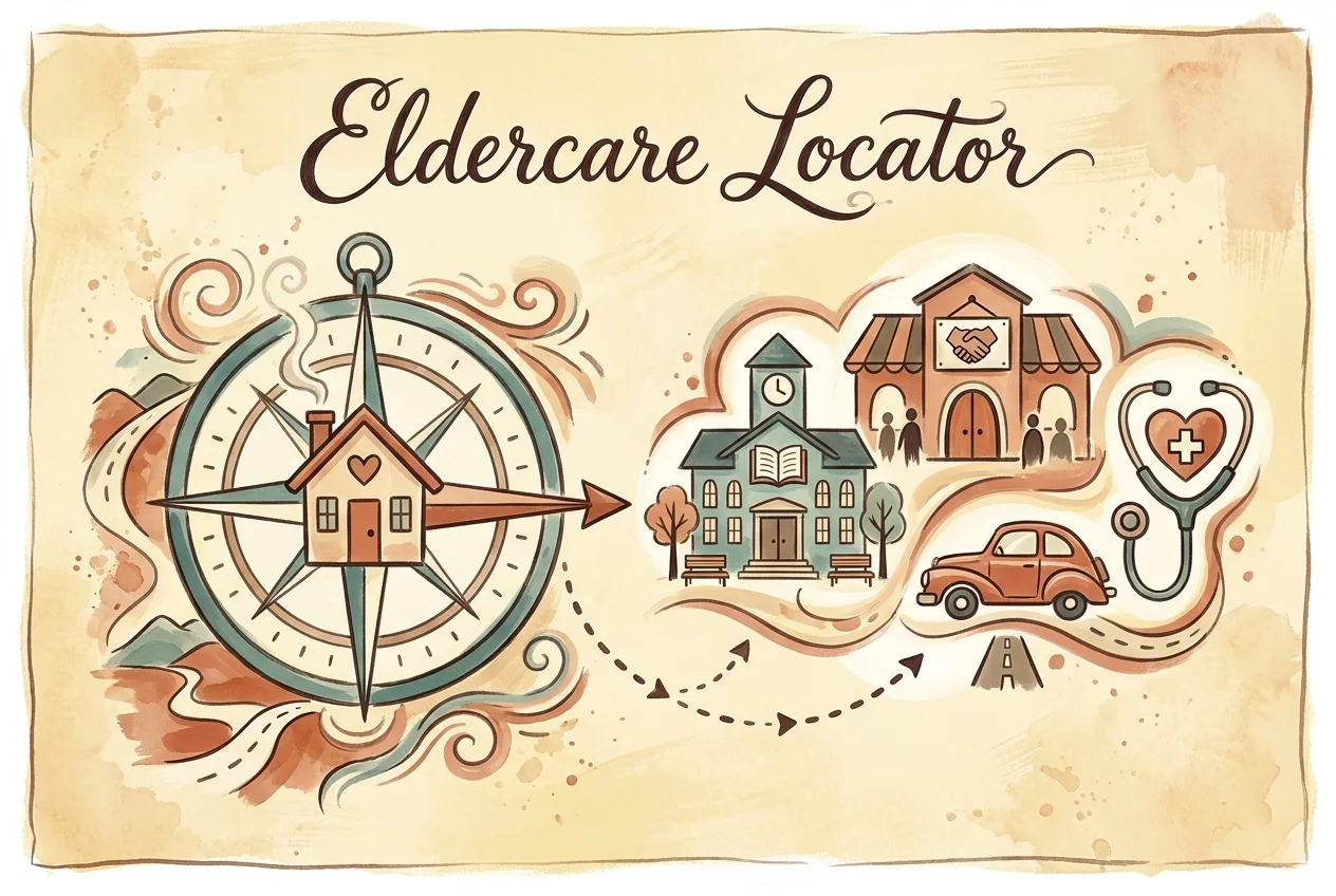 A conceptual watercolor illustration of a compass pointing toward local community support services.