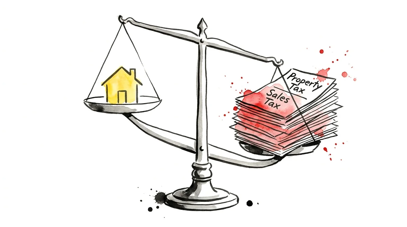 A conceptual watercolor of a scale tipped by tax documents, symbolizing the hidden costs of relocation.