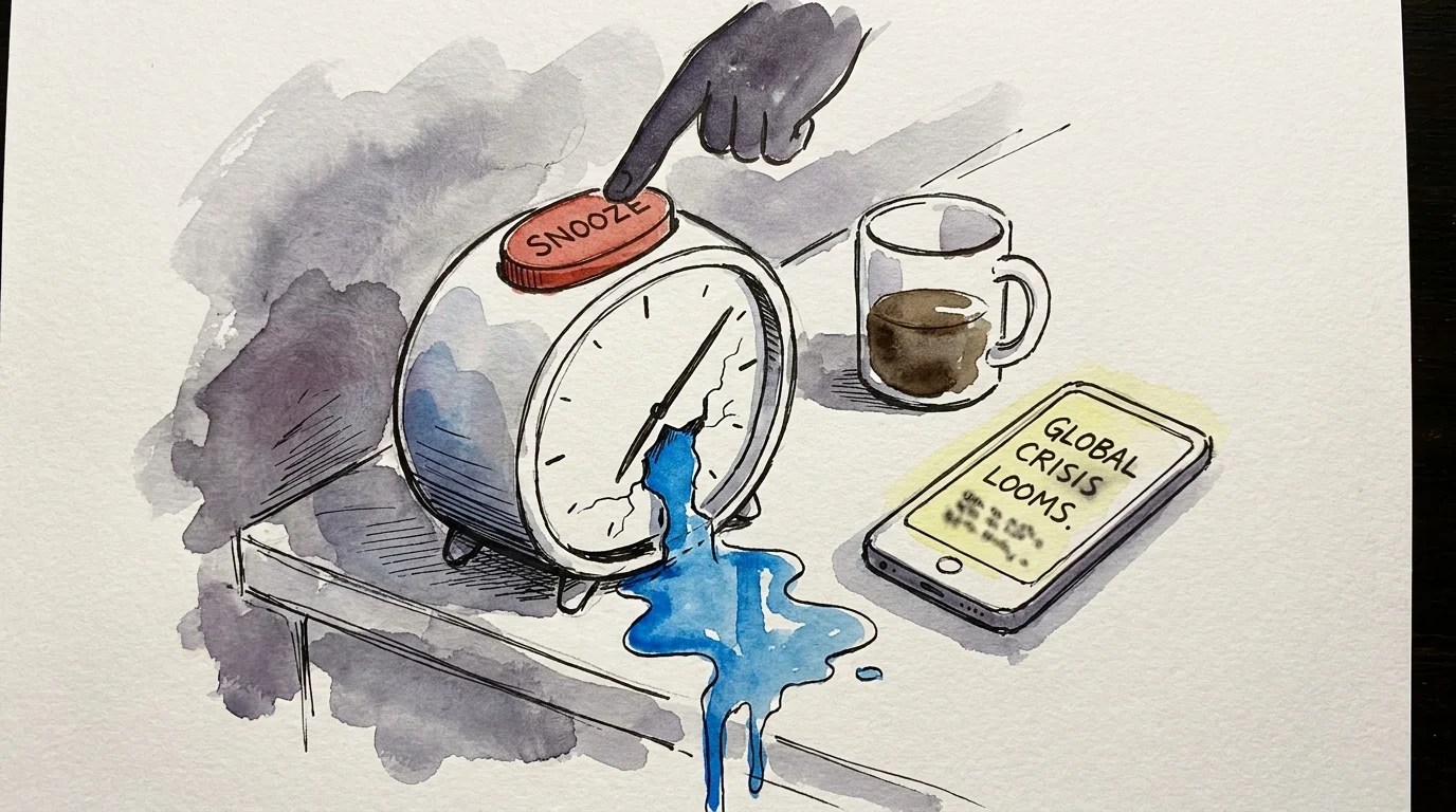 A conceptual watercolor of an alarm clock with a snooze button and a leaking blue color, symbolizing lost energy.