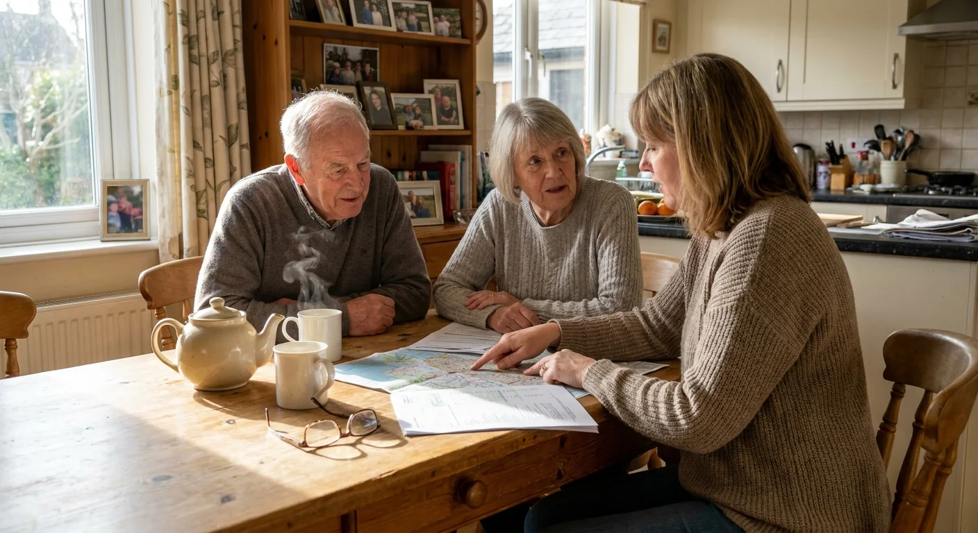 A couple sits at their kitchen table with a financial advisor, discussing their retirement relocation plans over tea.