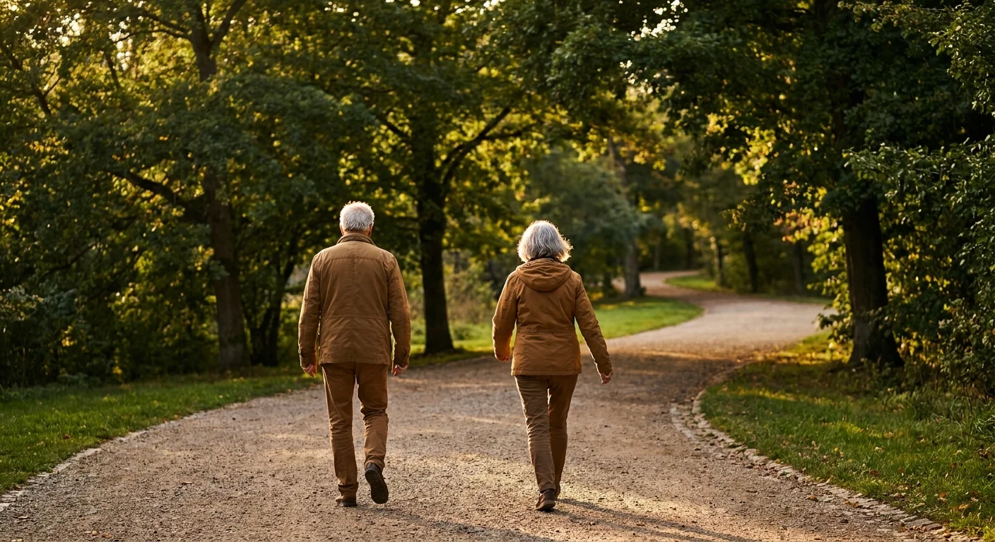 A couple walking away on a sunny park path, demonstrating healthy mobility and good posture.