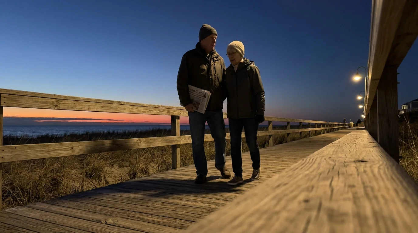 A couple walking on the Lewes boardwalk at dusk with beach grass in the foreground.