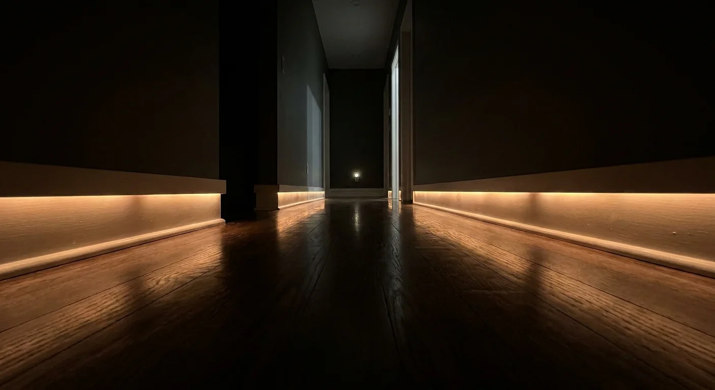 A dark hallway at night illuminated by automatic motion-sensor lights along the floorboards.